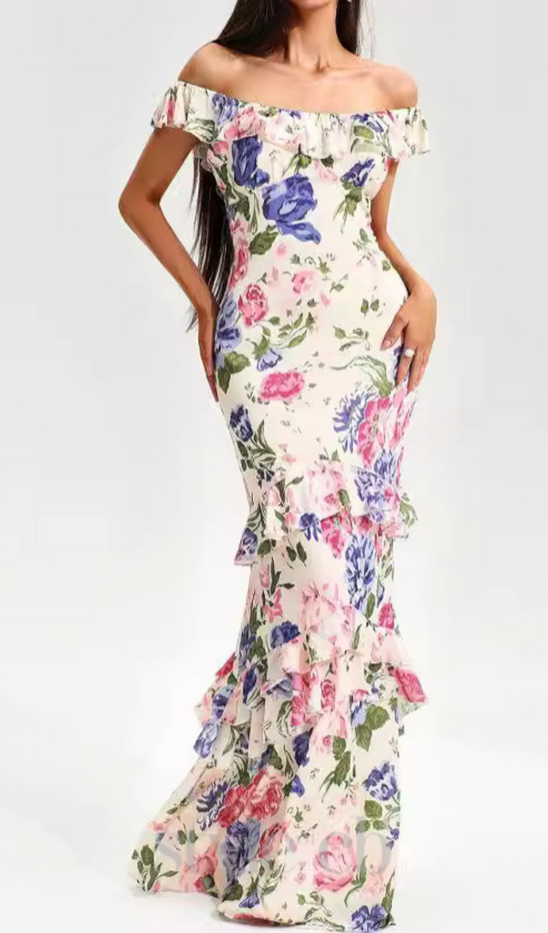 PRISCILLA MULTICOLOR OFF SHOULDER PRINT LAYERED MAXI DRESS