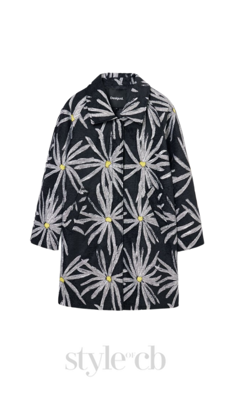 daisy print coat in black