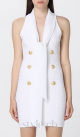 EVELYN JACQUARD MONOGRAM SHAWL-COLLAR MINI DRESS IN WHITE