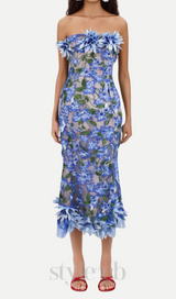 3D flower embroidery strapless midi dress in blue