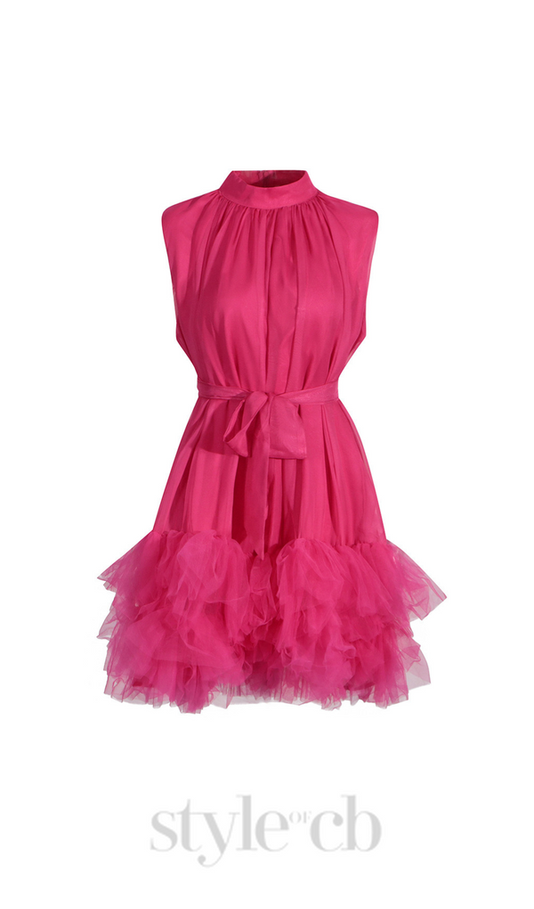 half-high-neckline tulle mini dress in pink