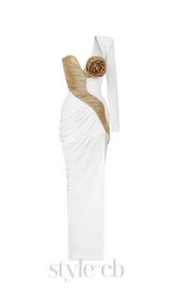 Rose Details High Sut Maxi Dress in gold white