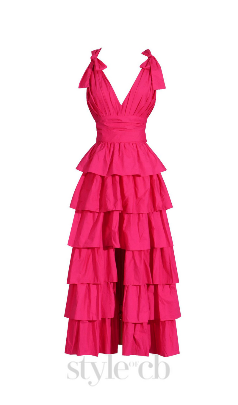 PLUNGE V RUFFLE TIERED SLIT GOWN IN PINK