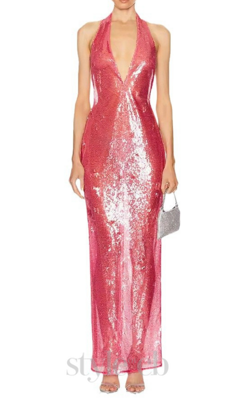 ZORA SHEER SEQUIN DEEP V NECK GOWN IN PINK RED