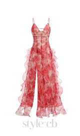 BELINDA RED FLORAL VERTICAL RUFFLE TRIM MAXI DRESS