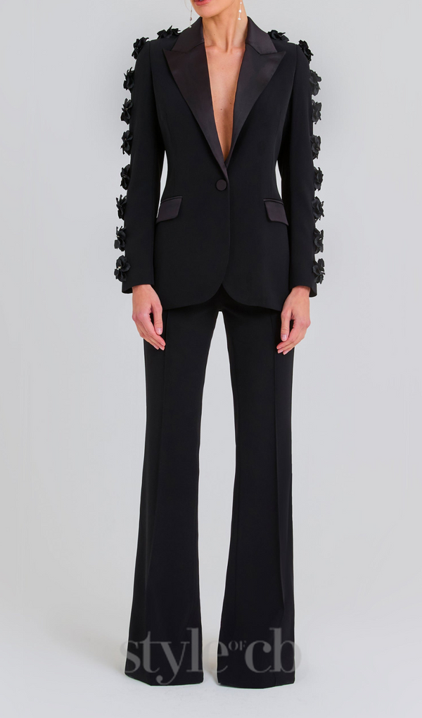 LEONIE FLOWER EMBELLISHED BLACK BLAZER