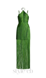 BRIANNA HALTER NECK FRINGE TASSEL DRESS IN GREEN