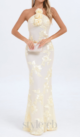 GABRIELLE EMBOIDERED FLORAL HALTER MAXI DRESS IN PALE YELLOW