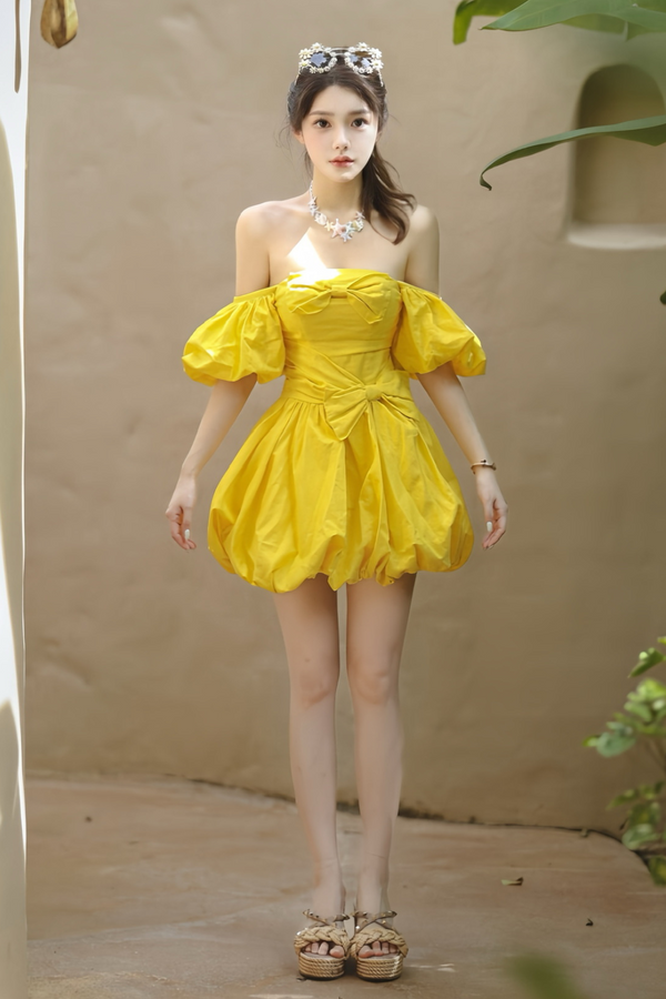 Bonnie puff strapless Mini Dress in yellow