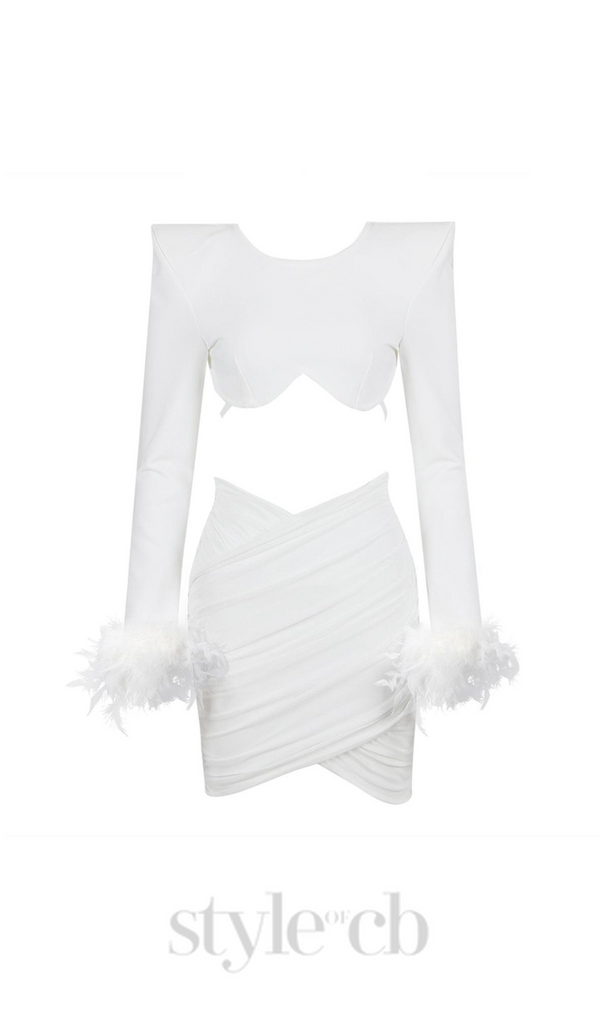 JENNIFER LONG SLEEVE FEATHER MESH BANDAGE SET IN WHITE