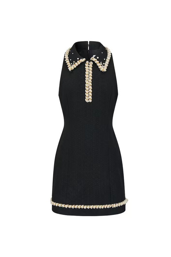 pearl embellished gold chain splice mini dress in black