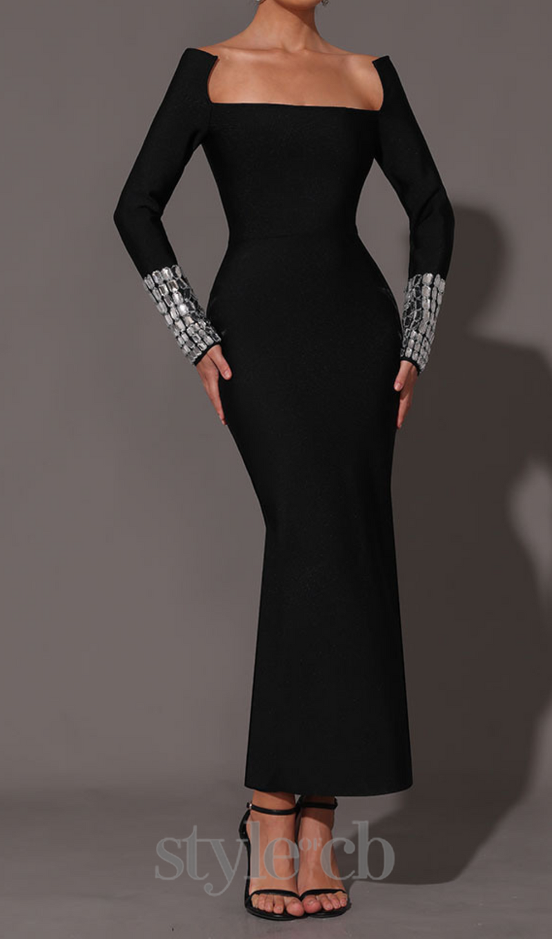 square neck diamond tight bandage maxi dress in black