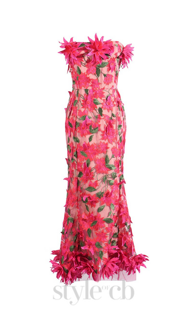 3D flower embroidery strapless midi dress in rose red