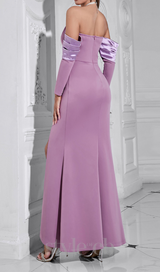 CHARLOTTE OFF-SHOULDER PEARL HALTER  MAXI DRESS IN PURPLE