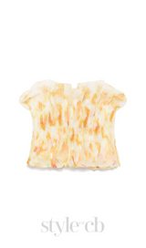 print ruffle trim top in yellow