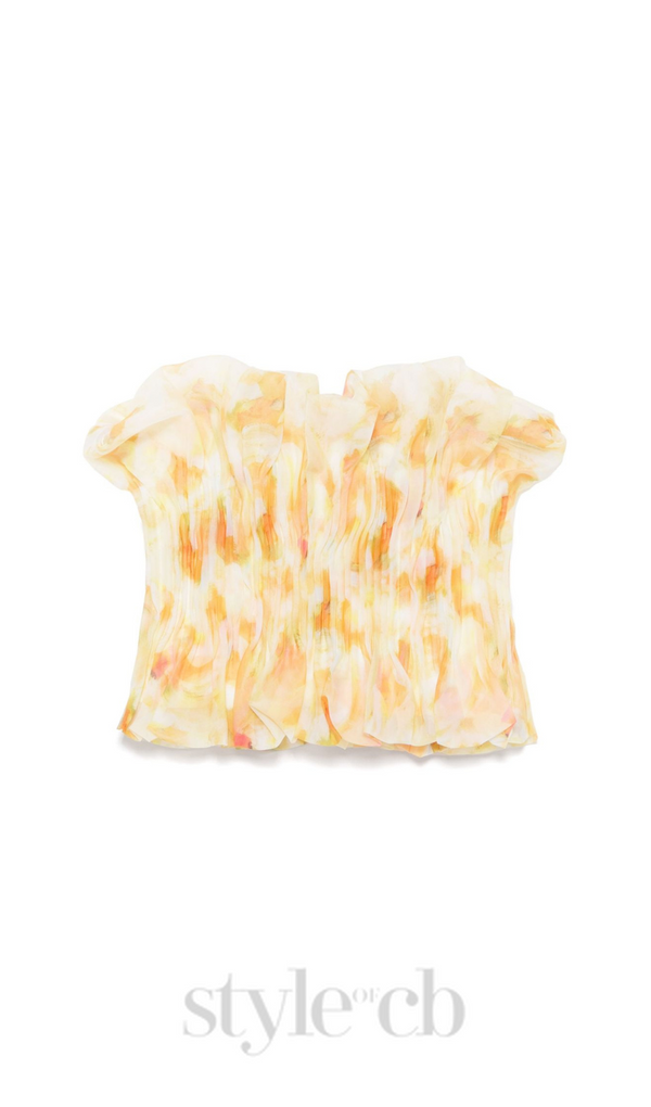 print ruffle trim top in yellow