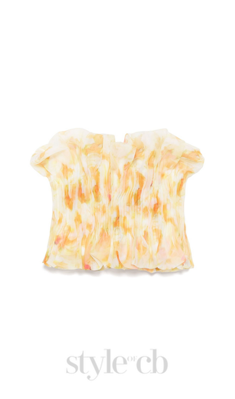 print ruffle trim top in yellow