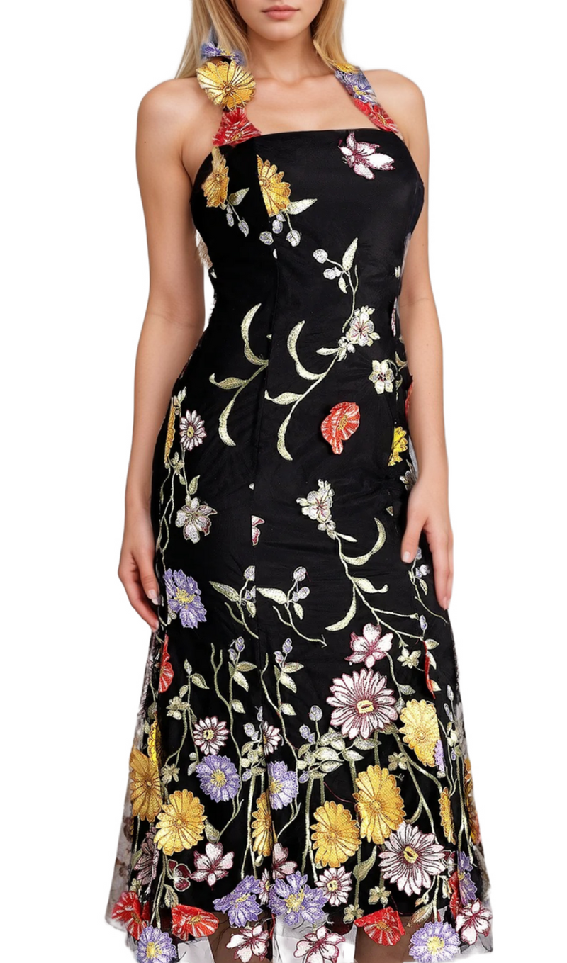 Halter Embroider Floral midi Dress in black