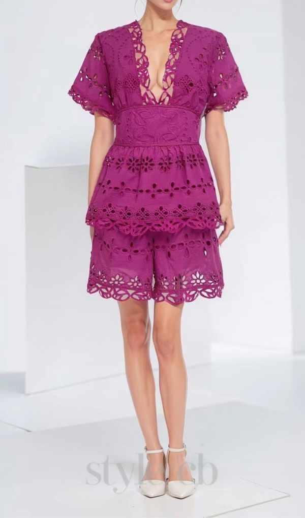 MAGGIE PURPLE LAYERED CUT OUT LACE TOP SHORTS SUIT