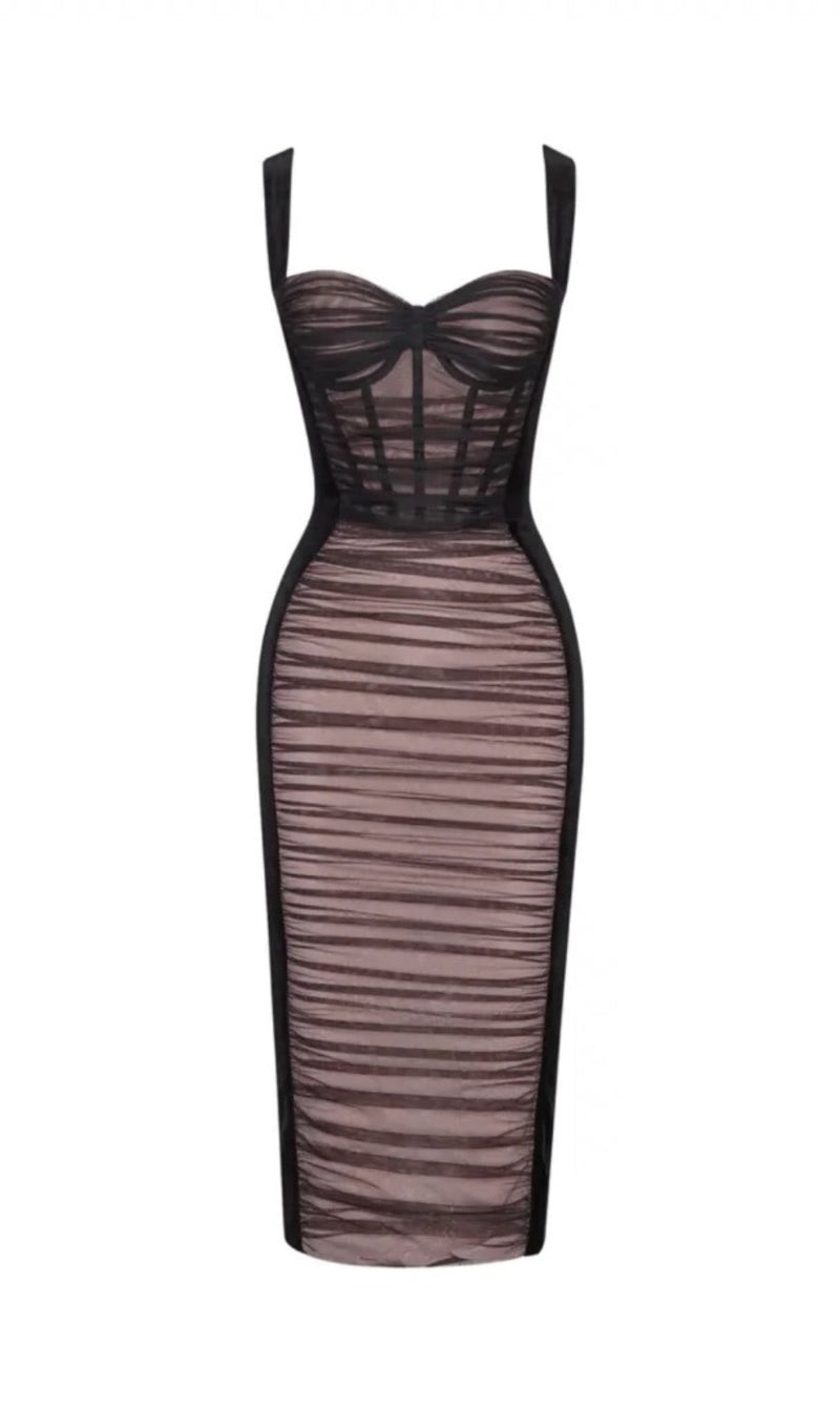 RUCHED BUSTIER MESH BODYCON DRESS