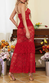RED STRAPLESS LACE MERMAID DRESS