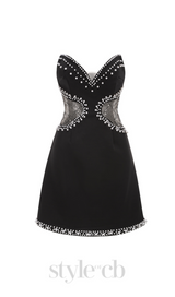 Symmetrical tulle pearl embellished mini dress in black