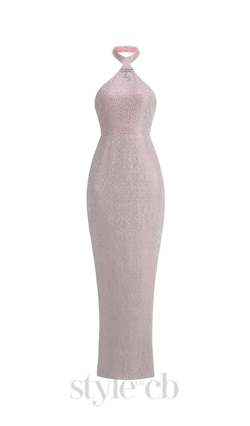 HALTER BACKLESS CRYSTAL EMBELLISHED MAXI DRESS IN PINK