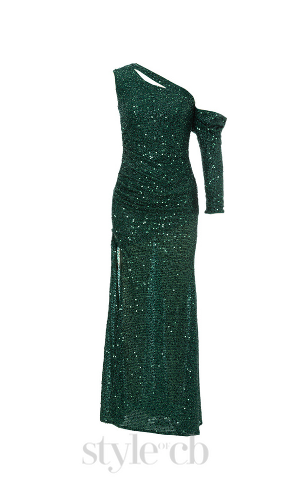 Asymmetric sequin cut out maxi dress in green