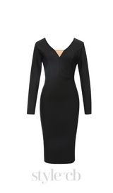 JANICE V NECK LONG SLEEVE BODYCON MIDI DRESS IN BLACK