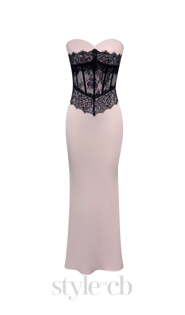 Strapless black Lace Corset Maxi Dress in pink