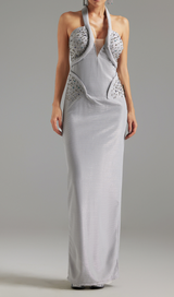 Diamond embellished Halter Maxi Dress in silver