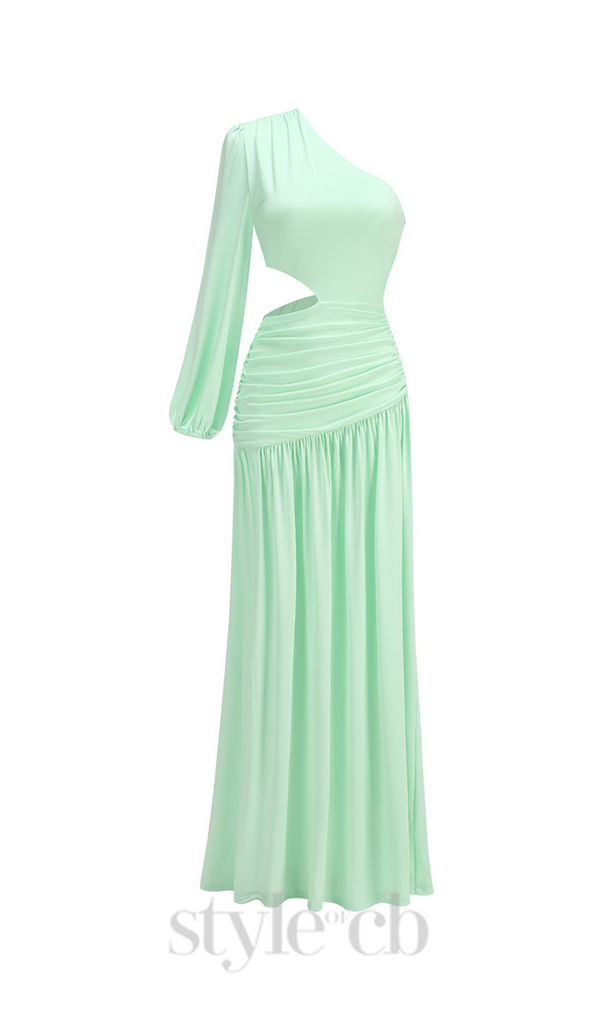 BERYL ONE SLEEVE CUTOUT RUCHED MAXI DRESS IN GREEN