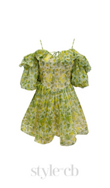 ANNA PRINTED RUFFLE TRIM MINI DRESS IN Green