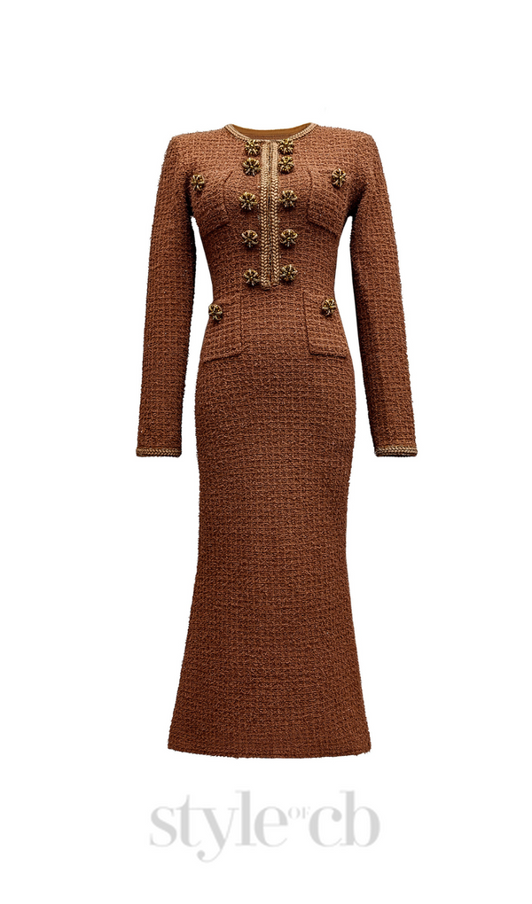 braided-edge tweed midi dress in brown