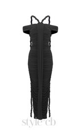 cara black off-shoulder ruched bodycon maxi dress with rope embellished