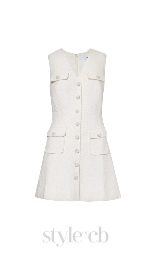 Bouclé pearl-buttons knitted mini dress in white