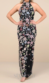 3D Floral Embroidered Halter Maxi Dress in black