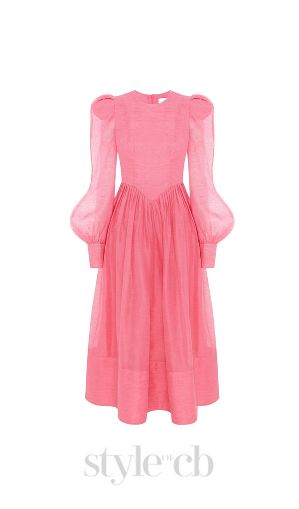 DELIA PINK LANTERN SLEEVE ROUND NECK MIDI DRESS