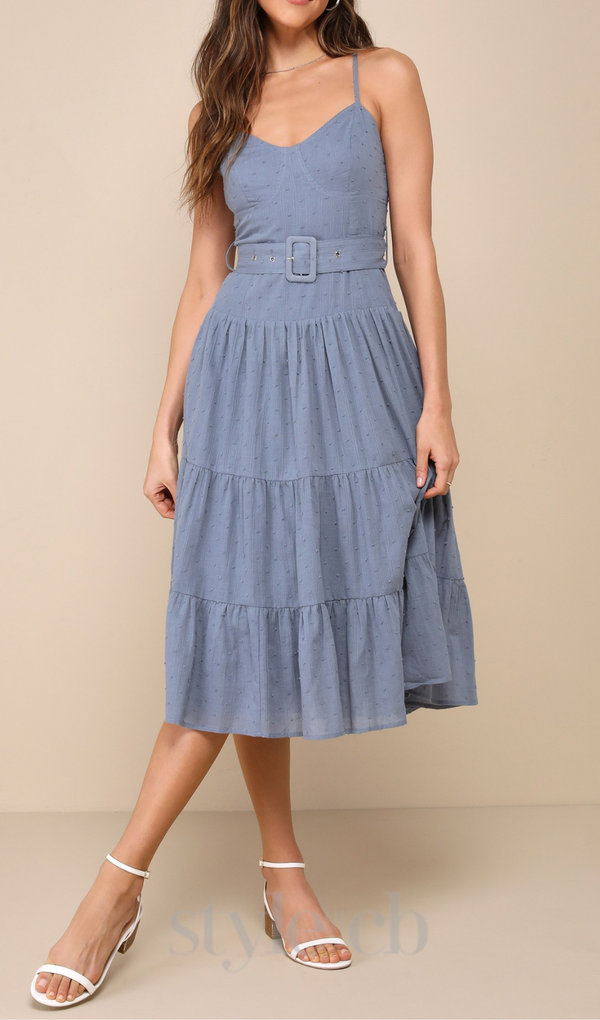 slate blue swiss dot bustier tiered midi dress