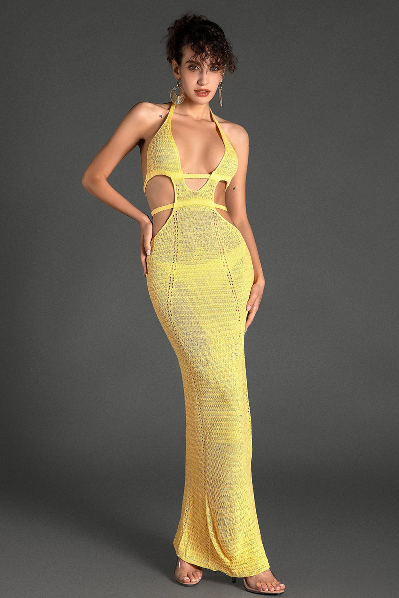 BIRIDI HALTER SHEER KNIT DRESS IN YELLOW