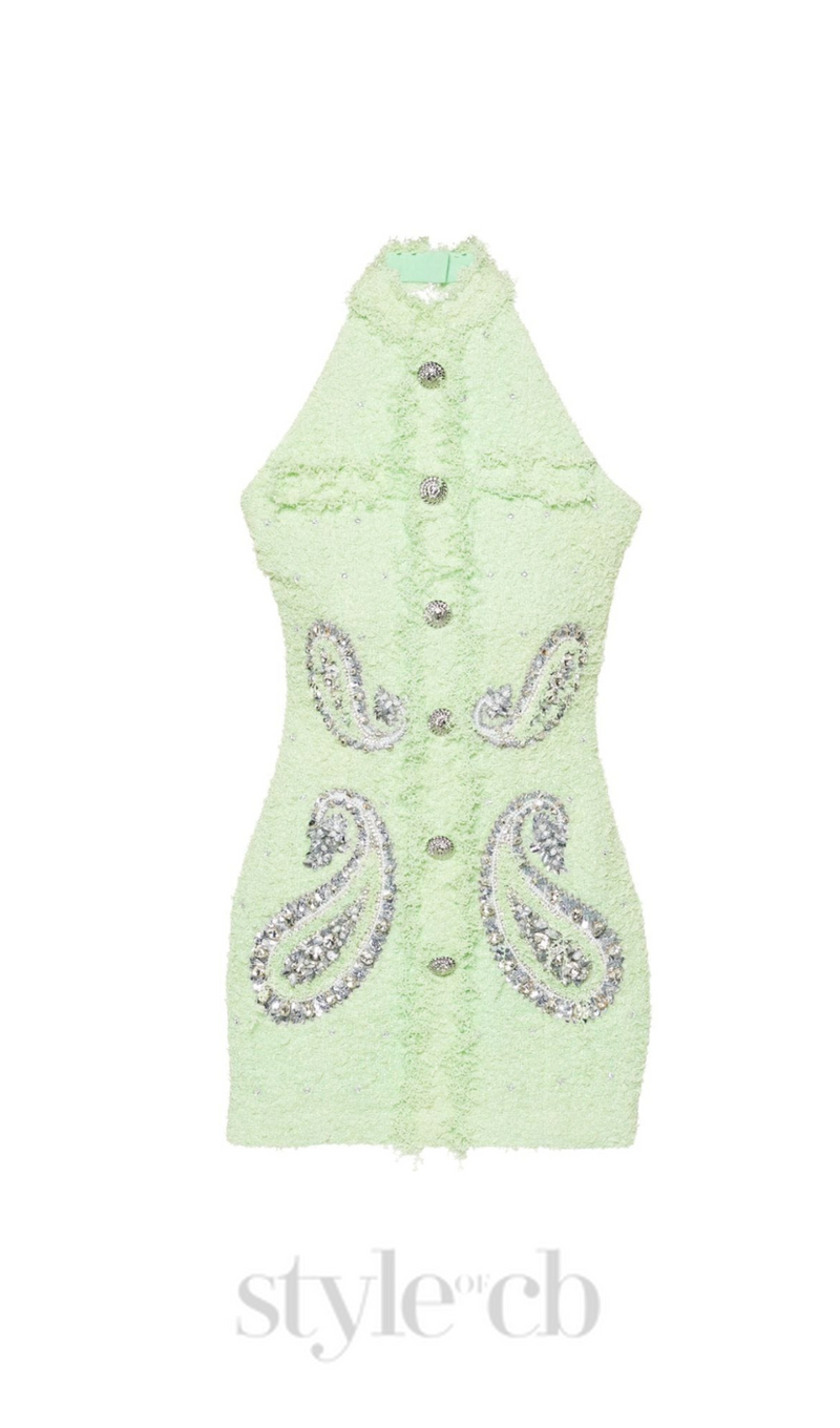 GEMMA PAISLEY-EMBELLISHED TWEED MINI DRESS IN GREEN