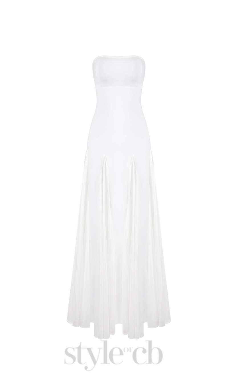 pleated trim strapless maxi dress in white