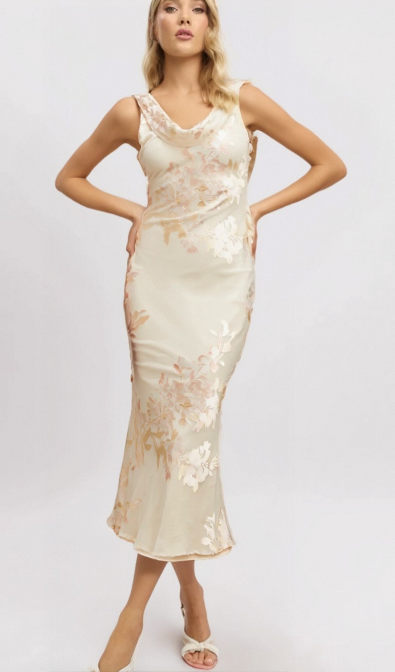 Yolanda beige floral-jacquard midi dress