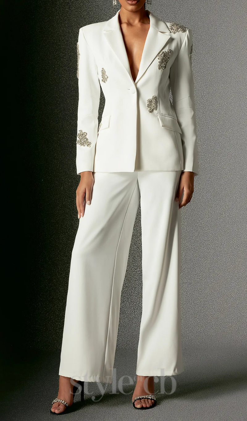 Winee Rhinestones embellished Blazer Set White