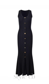 Button-embellished ribbed-knit midi dress in black