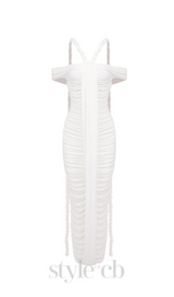 cara white off-shoulder ruched bodycon maxi dress with rope embellished