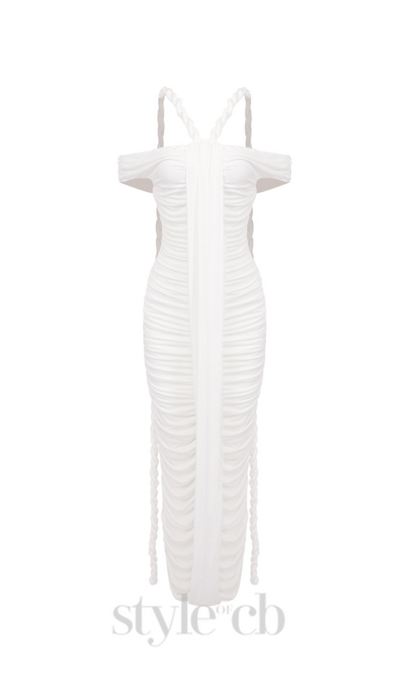 cara white off-shoulder ruched bodycon maxi dress with rope embellished