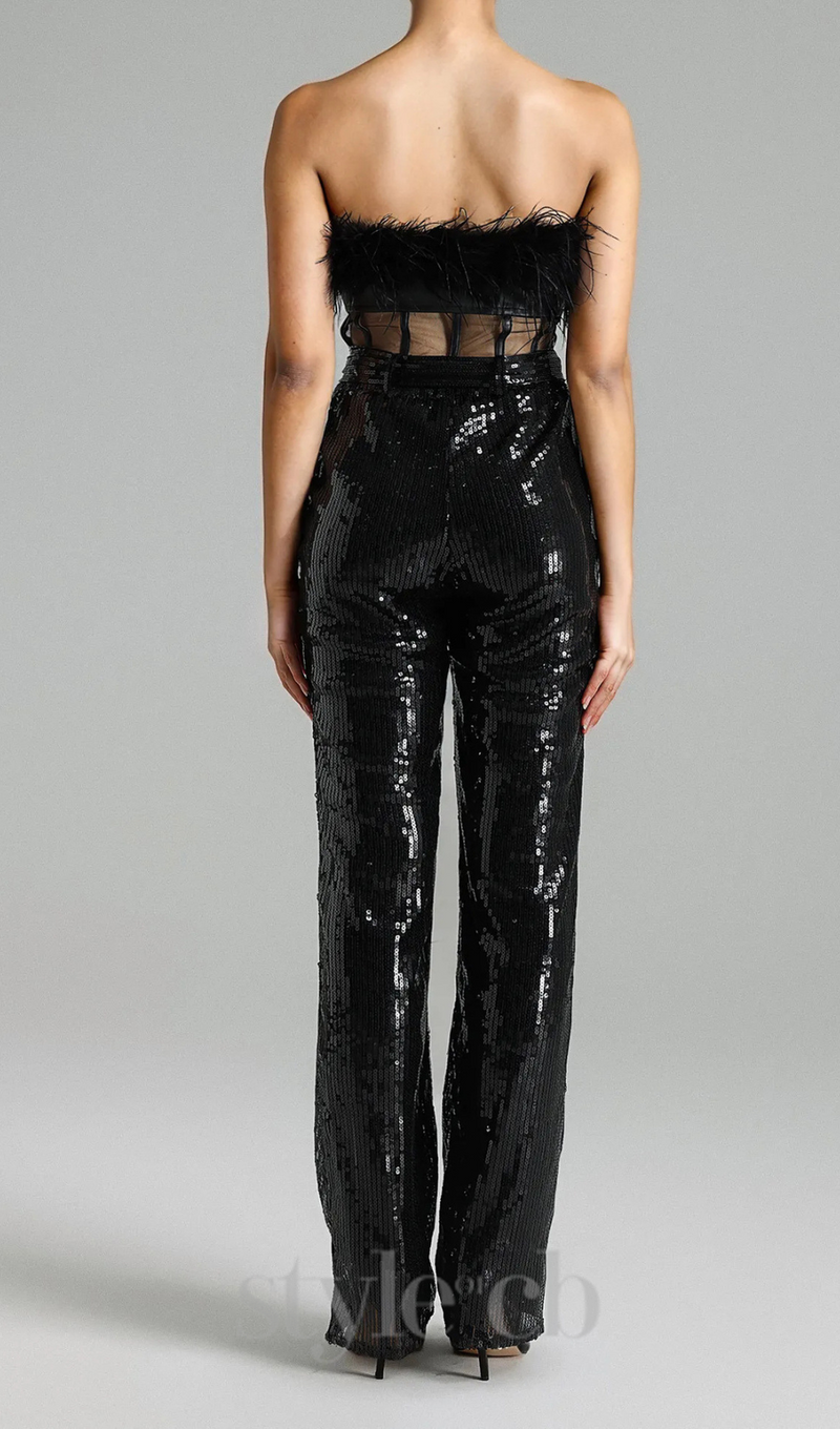 FANNY STRAPLESS FEATHER SEQUIN JUMPSUIT IN BLACK