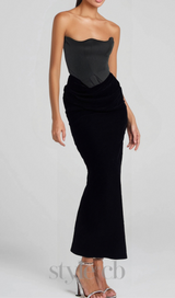 black velvet strapless corset maxi dress