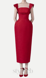 square neckline bow midi dress in red